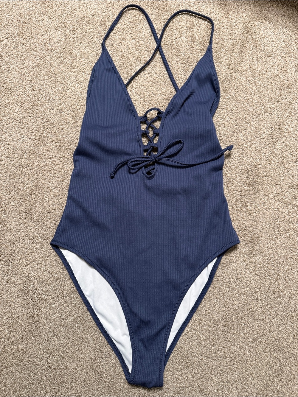 Cupshe Navy Ribbed Lace-Up One-Piece Swimsuit